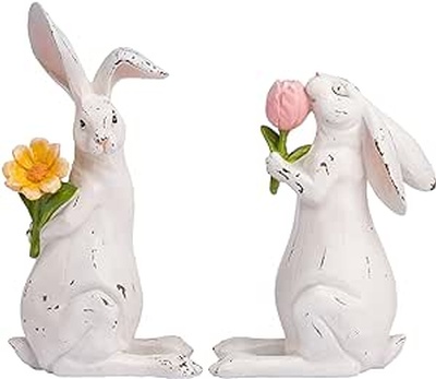 Valery Madelyn Easter Bunny for Home Decor, Easter Rabbit Figurines with Flowers for Table Centerpie