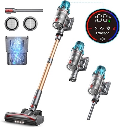 Laresar 550W/45Kpa Cordless Vacuum Cleaner, 60 Mins Powerful Vacuum, Touch Screen, Wall Mount Chargi