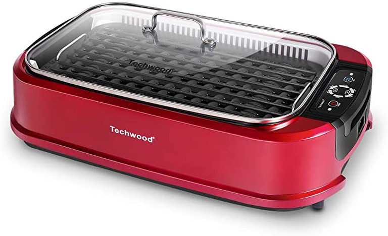 Techwood Indoor Smokeless Grill 1500W Electric Grill with Tempered Glass Lid, Compact & Portable Non-Stick BBQ Grill with Turbo Smoke Extractor Technology, Red