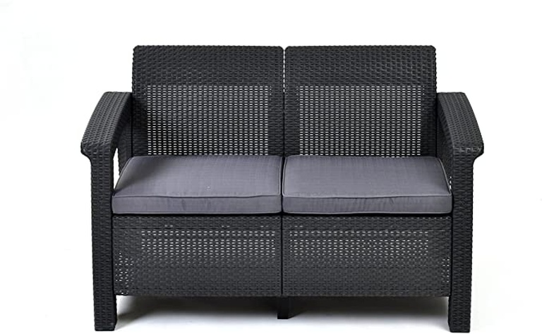 Keter Corfu Love Seat All Weather Outdoor Patio Garden Furniture w/ Cushions, Charcoal