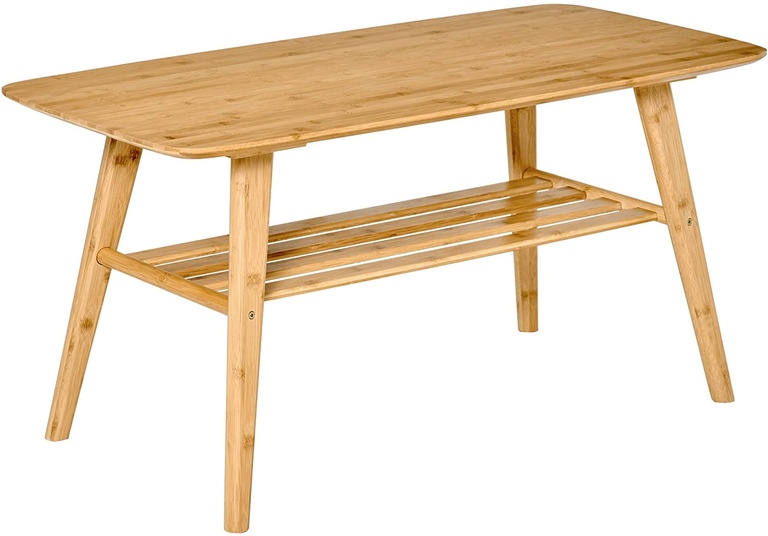 HOMCOM 2 Tier Coffee Table Bamboo Tea Table with Storage Shelf Sleek Rectangle Desk Wood Grain Living Room Home Furniture 39.25" x 19.75" x 19.75"