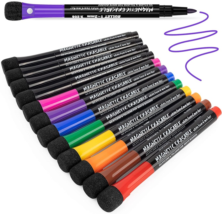 Magnetic Dry Erase Markers Fine Tip, 9 Colors (12 Pack) Whiteboard Markers with Eraser Cap, Low Odor Erasable Markers Dry Erase Pens for Calendar Whiteboard, Refrigerator, Classroom, Office