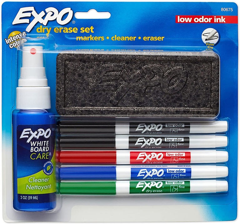 EXPO Low Odor Dry Erase Marker Set with White Board Eraser and Cleaner | Fine Tip Dry Erase Markers | Assorted Colors, 7 Piece Set with Whiteboard Cleaner