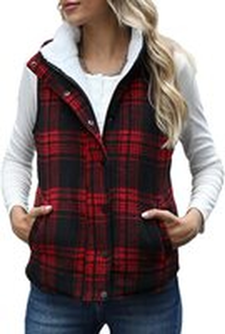 Women Winter Buffalo Plaid Jacket Padding Vest Stand Collar Zip Sherpa Fleece Quilted Gilet Coat