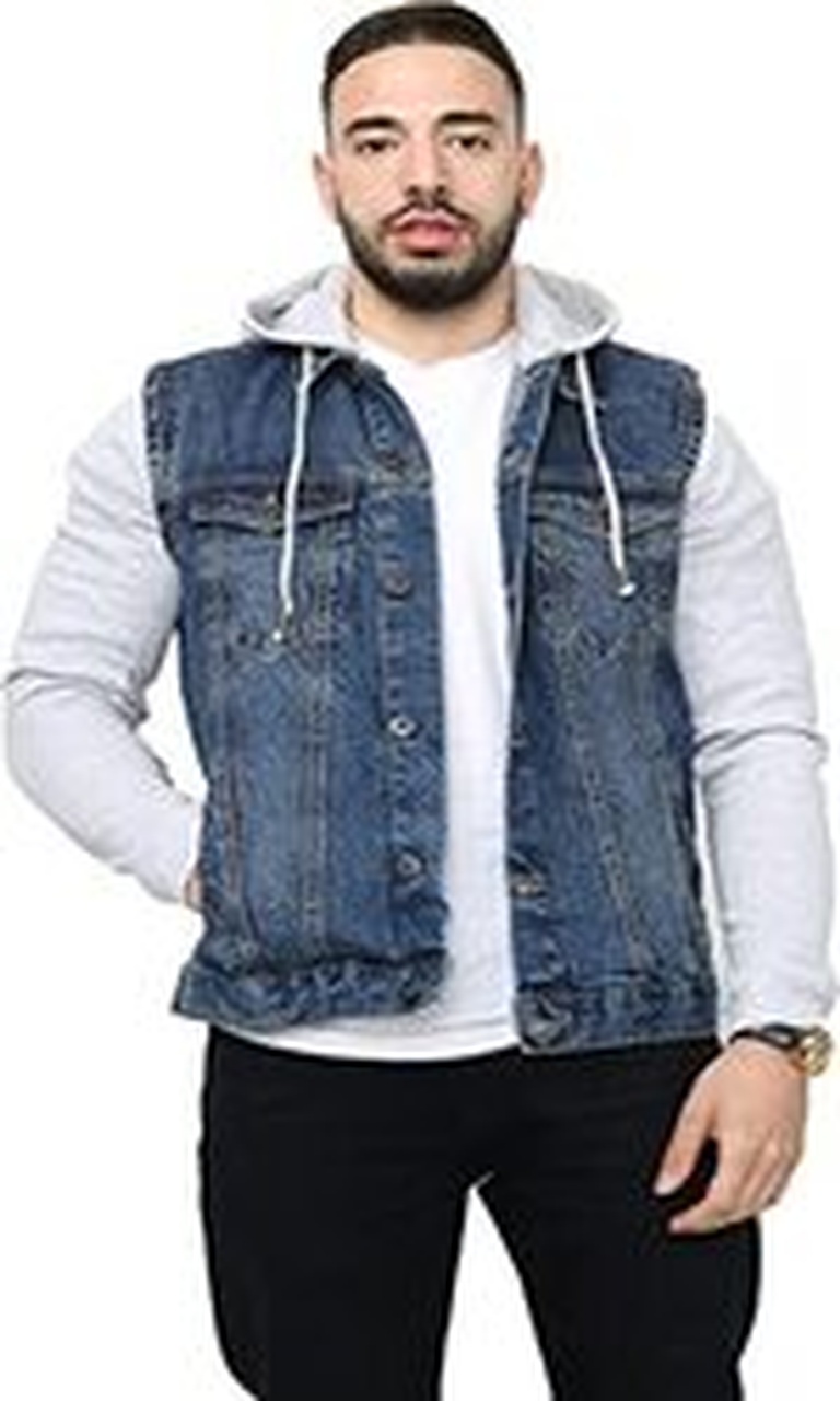 NOROZE Mens Denim Jacket with Fleece Sleeves & Detachable Hood Trucker Classic Coat Hoodie