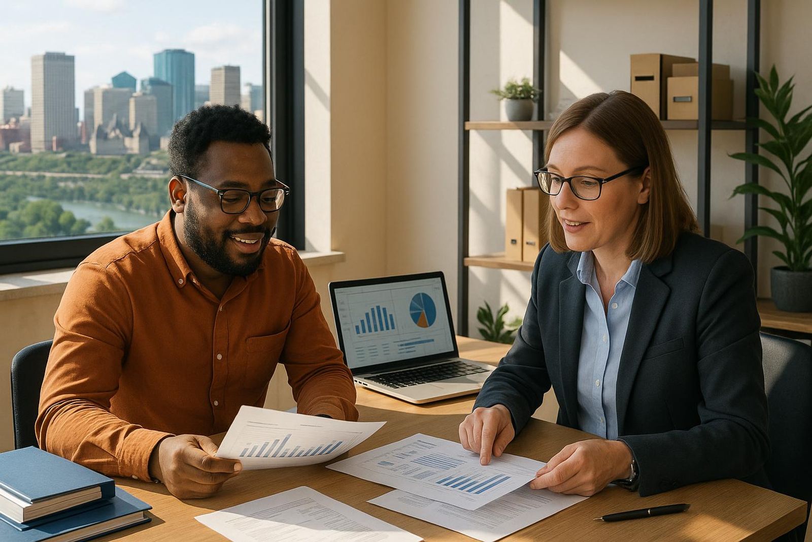 Two Taxxlution accountants reviewing documents together