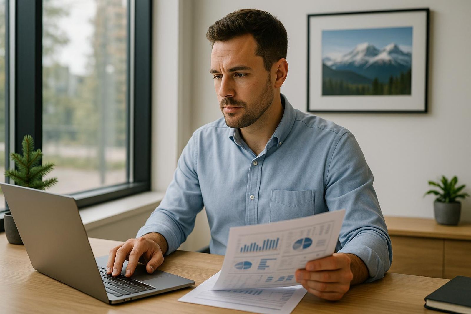 Accountant reviewing financial reports at a laptop