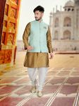 Golden Silk Kurta With Luckhnavi Silk Pista Nehru Jacket
