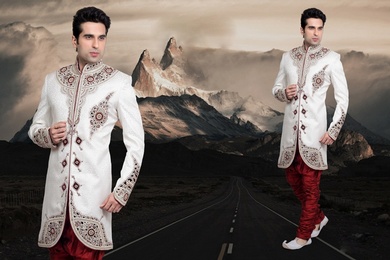 Blooming White Color Indo Western Sherwani