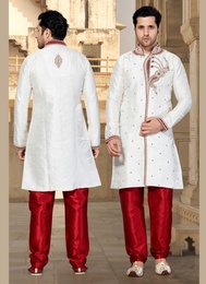 Sophisticated White Color Jacquard Indo Western Sherwani