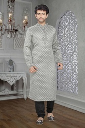 Traditional Look Silver Color Kurta Payjama
