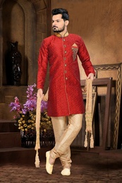 Mens Ivory Fabulousred Color Royal Sherwani