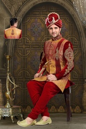 Distinguish Mens Kalamkari Red Color Royal Sherwani