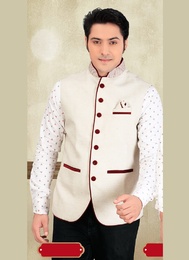 Trendy Look Beige Color Jute Nehru Jacket