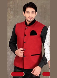 Red Color Dupioni Raw Silk Nehru Jacket