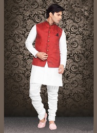 Kalamkari Red Color Linen Nehru Jacket