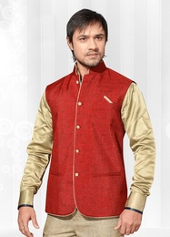 Flamboyant Red Color Linen Nehru Jacket
