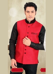 Extravagant Banarasi Red Color Jute Nehru Jacket