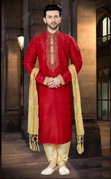 Royal Elegant Look Red Color Kurta Payjama For Men