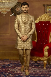 Prince Look Golden Jaqurd Silk Indo Western Sherwani
