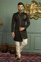 Jaqurd Asymmetrical Black Elegant Look Indo Western Sherwani