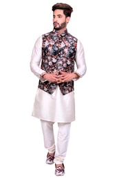 Traditional Off White Kurta Set With Black Multi Floral Print Jacket
