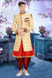 In Vogue Cream And Orange Dhoti Wedding Sherwani