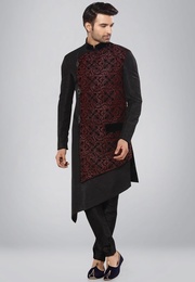 Designer Asymmetrical Black And Marron Indo Western Sherwani