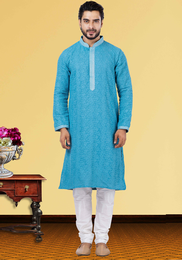 Lucknowi Chikankari Work Blue Kurta Pajama