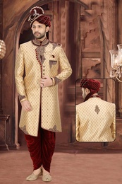 Traditional Design Brocade Silk Gold Maroon Wedding Sherwani