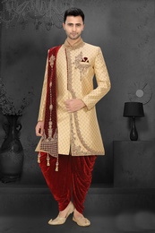 Trendy Gold Maroon Brocade Silk Wedding Dhoti Sherwani