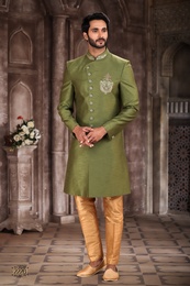 Green Color Art Silk Indo Western Sherwani With Handwork Touch Up