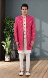 Raspberry Color Heavy Georgette Sherwani With Jacket Style