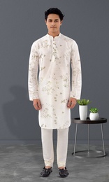 White Floral Print Silk Kurta Pajama 