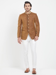 Rusty Brown Color Jute Fabric Jodhpuri Suit With Work