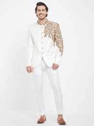 White Color Velvet Fabric Jodhpuri Suit With Work