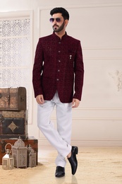 Wine Jodhpuri Suit With Velvet Embroidery Work Fabric