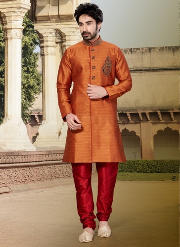 Orange Color Attractive Look Ghicha Silk Indo Western Sherwani