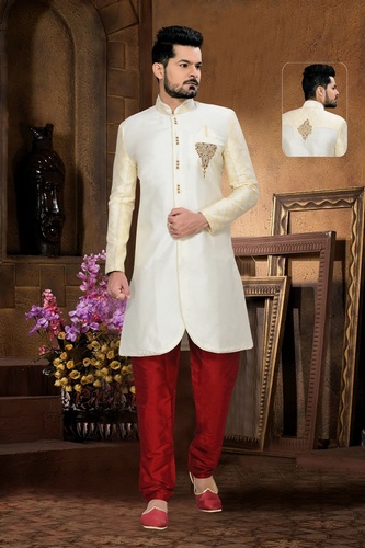 Charming Ethnic Look Mens Cream White Color Royal Sherwani For Rich Look