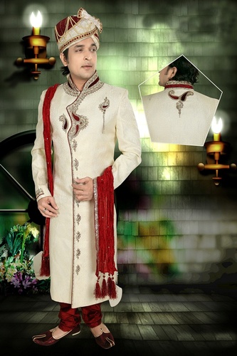Fabulous Mens V Neck Cream Color Royal Sherwani