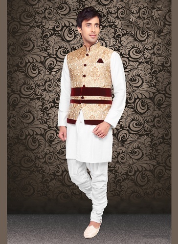 Classical Trendy Beige Color Brocade Nehru Jacket