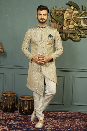 Asymmetrical Grey And Golden Rich Look Indo Western Sherwani