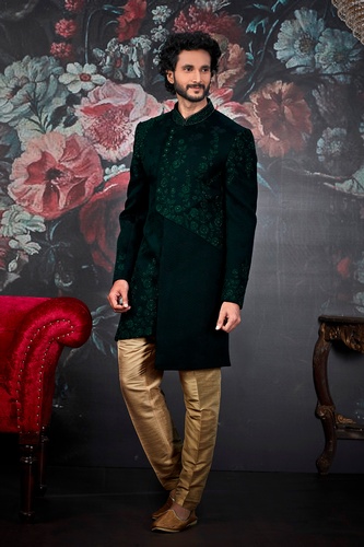 Dark Green Asymmetrical Designer Wedding Sherwani