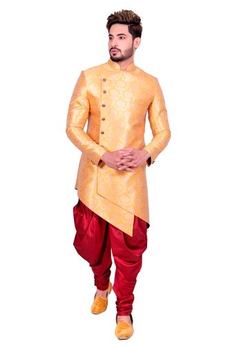 Groom Yellow Silk Asymmetrical Indo Western Sherwani