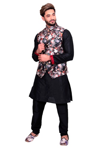 Black Kurta Set With Black Multi Floral Print Silk Jacket
