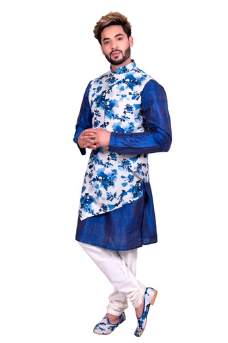 Blue Silk Kurta Set With Asymetrical Floral Print Jacket