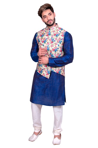 Blue Kurta Set With Asymetrical Floral Print Silk Jacket
