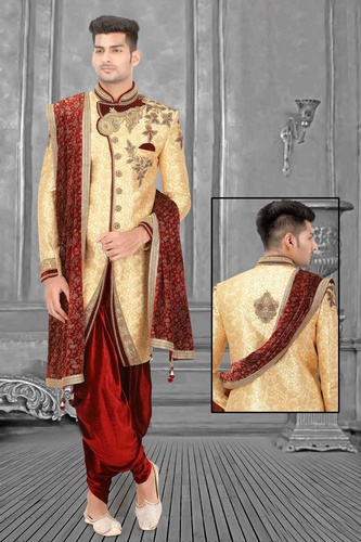Rich Royal Look Gold Maroon Wedding Sherwani