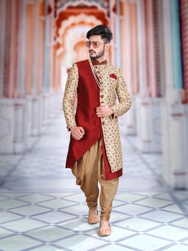 Opulent Fawn Maroon Heavy Silk Sherwani