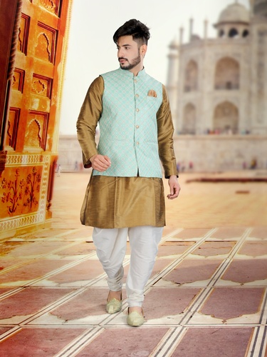 Embroidered Art Silk Kurta Jacket Set in Off White and Green : MGV1090-cacanhphuclong.com.vn